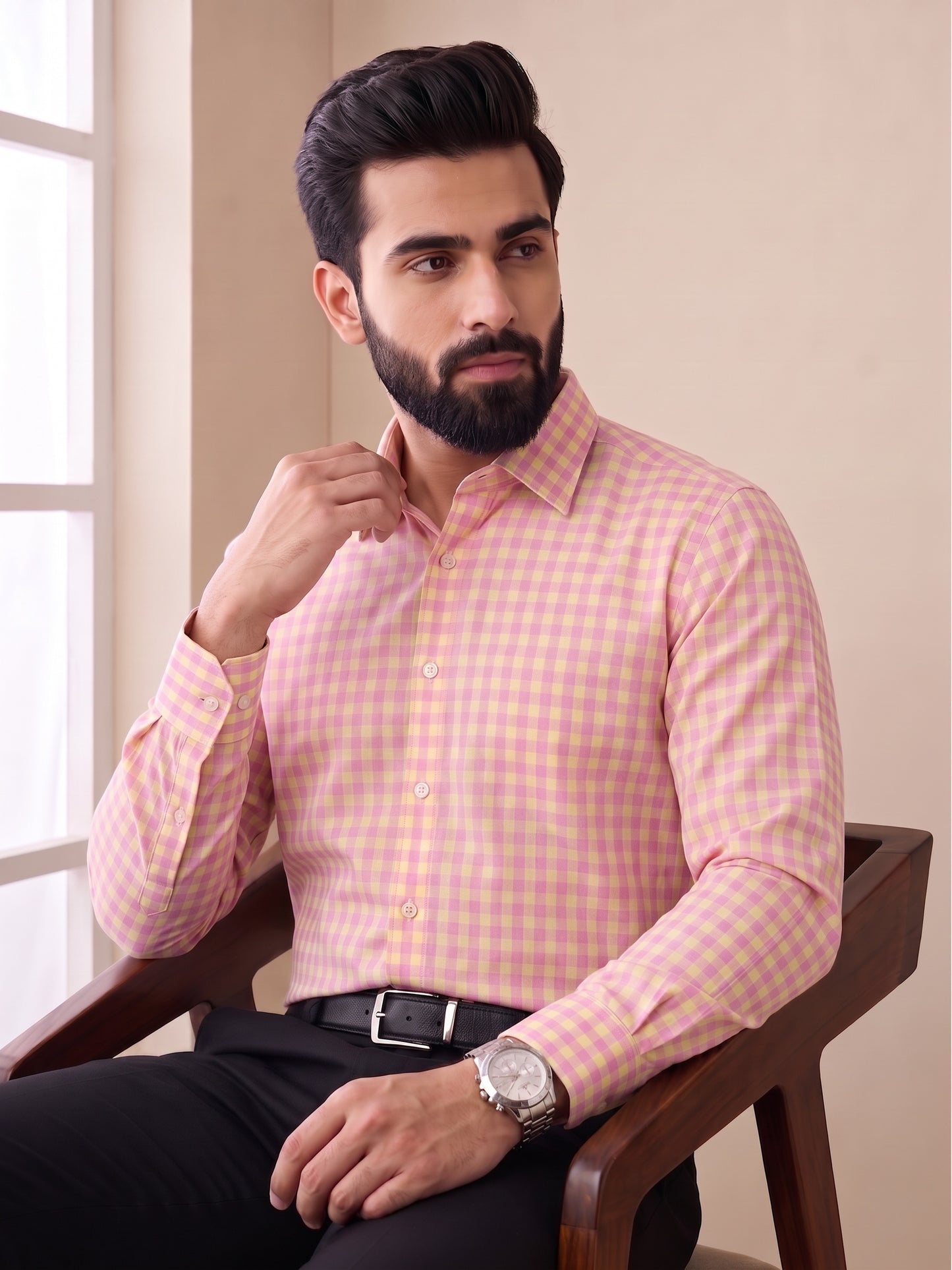 Yellow & Pink Check Dress Shirt