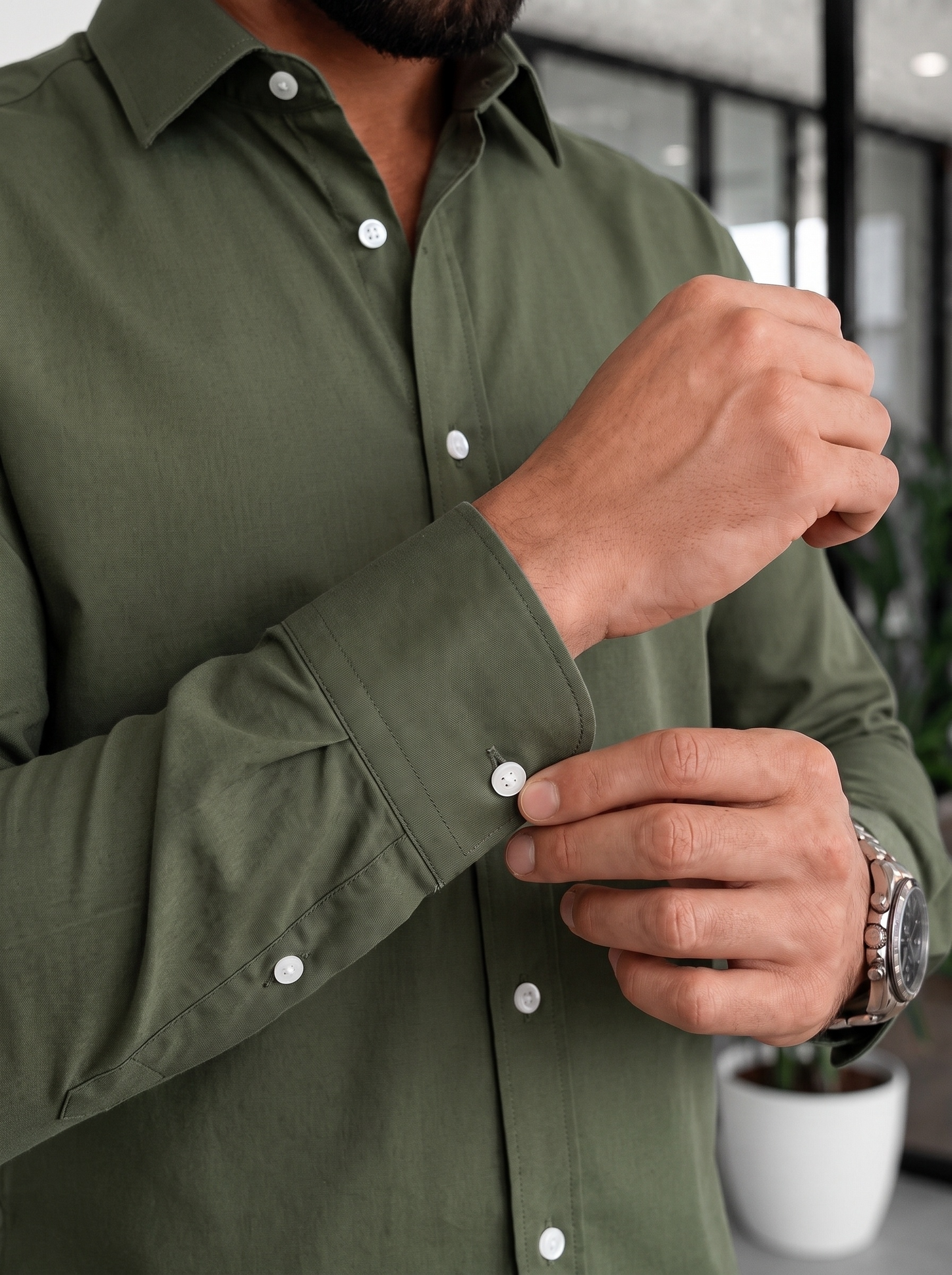 Olive Green Plain Dress Shirt