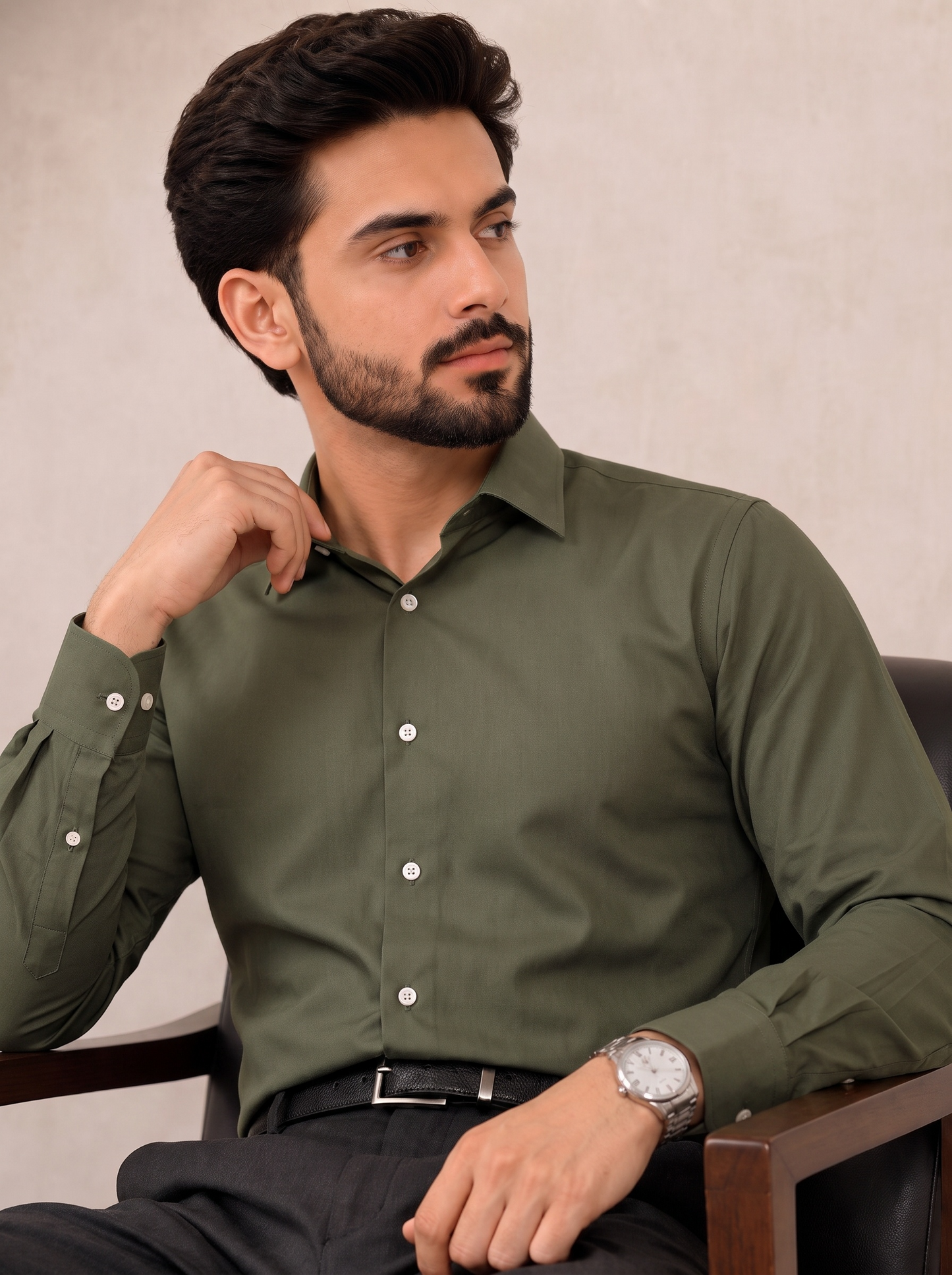 Olive Green Plain Dress Shirt